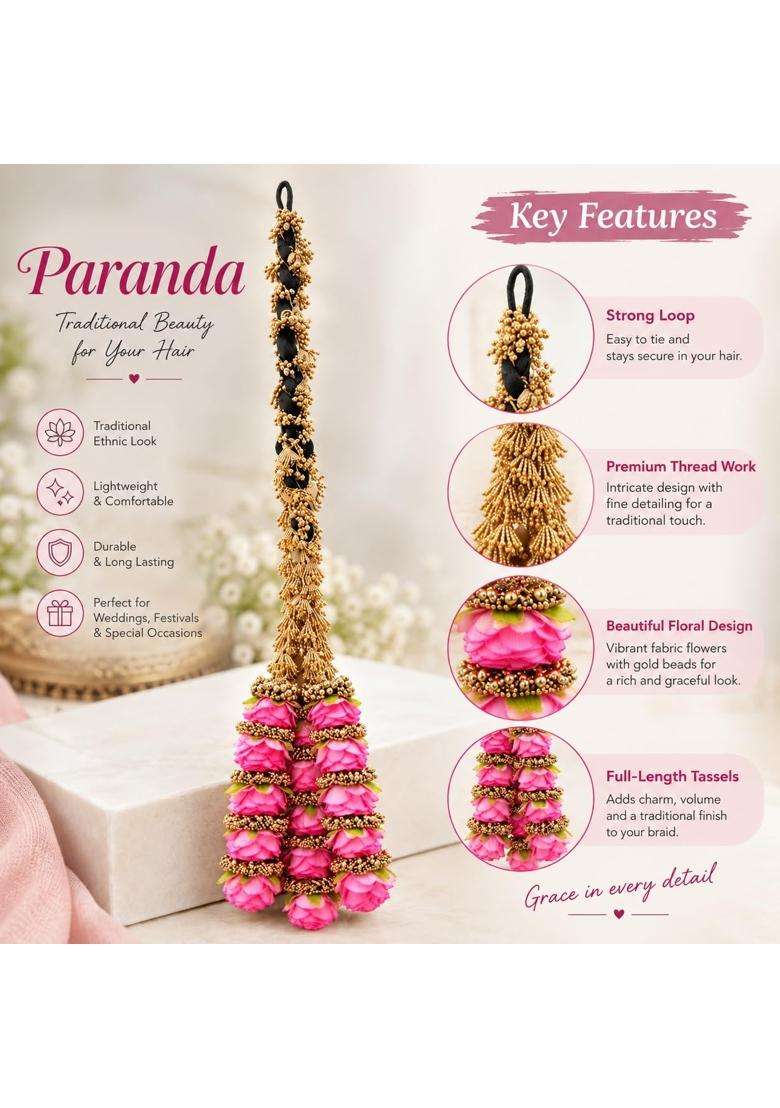 Prityka Traditional Hair Paranda for Women Braid Extension Artificial Pink Rose Flower Gajra Tassel Pack of 1 - Indya