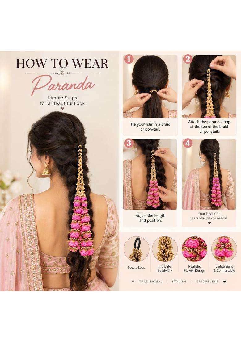 Prityka Traditional Hair Paranda for Women Braid Extension Artificial Pink Rose Flower Gajra Tassel Pack of 1 - Indya