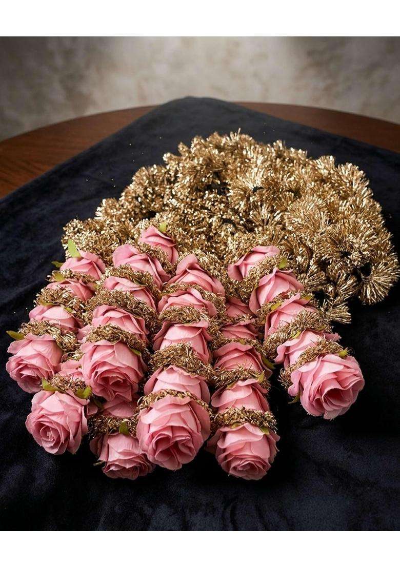 Pink Rose Punjabi Paranda Bridal Hair Accessory Gold and Pink Traditional Wedding Braid Extension - Indya