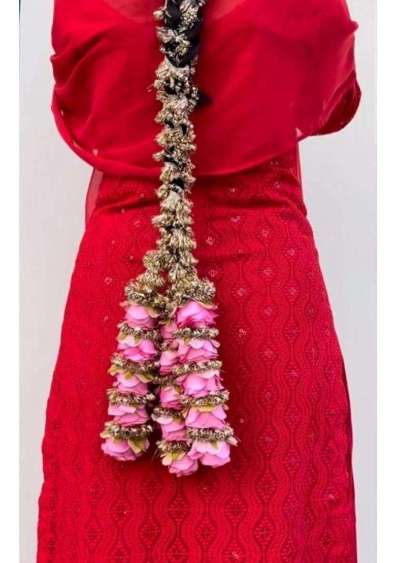 Pink Rose Punjabi Paranda Bridal Hair Accessory Gold and Pink Traditional Wedding Braid Extension - Indya