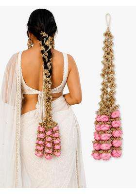 Scrunchify Royal Pink Rose Paranda for Women Heavy Punjabi Braid Hair Accessory with Golden Tassel Floral