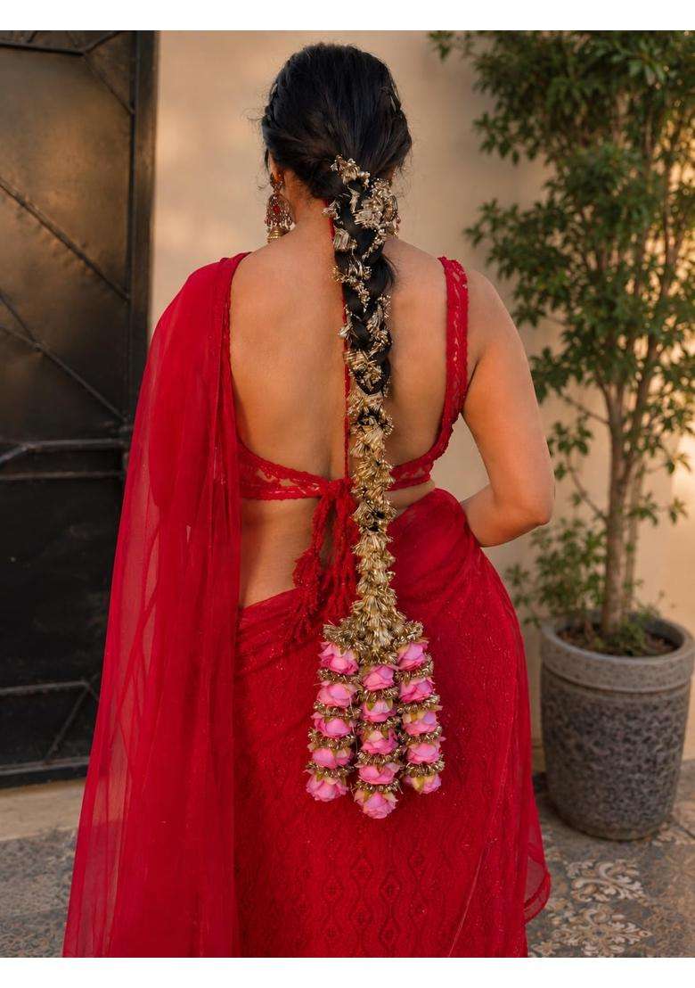 Scrunchify Royal Pink Rose Paranda for Women Heavy Punjabi Braid Hair Accessory with Golden Tassel Floral - Indya