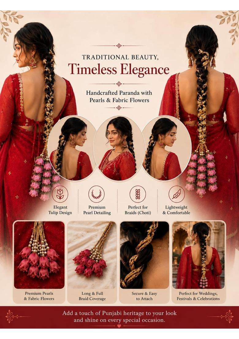 Scrunchify Royal Pink Rose Paranda for Women Heavy Punjabi Braid Hair Accessory with Golden Tassel Floral - Indya