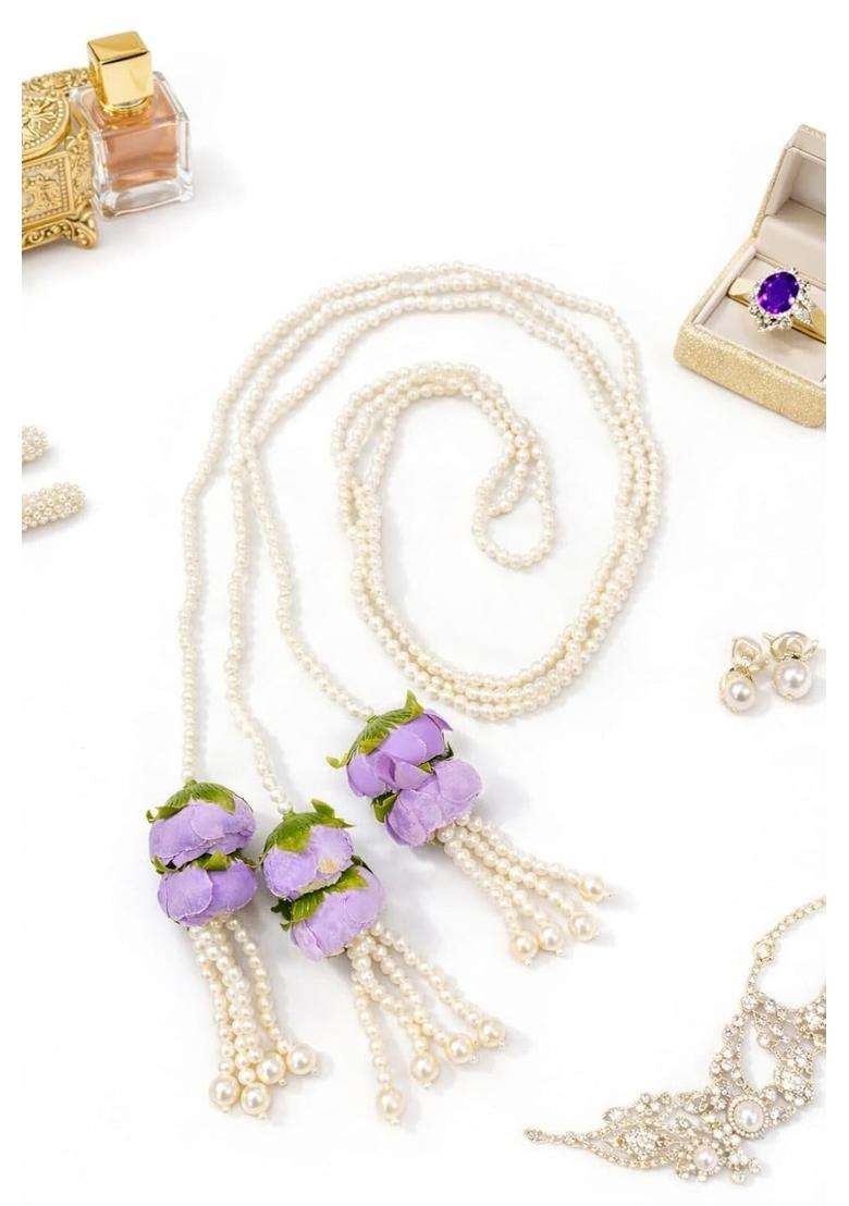 Rimr Purple Flower Pearl Paranda Handmade Traditional Punjabi Hair Accessory with Floral Tassels and Pearl - Indya