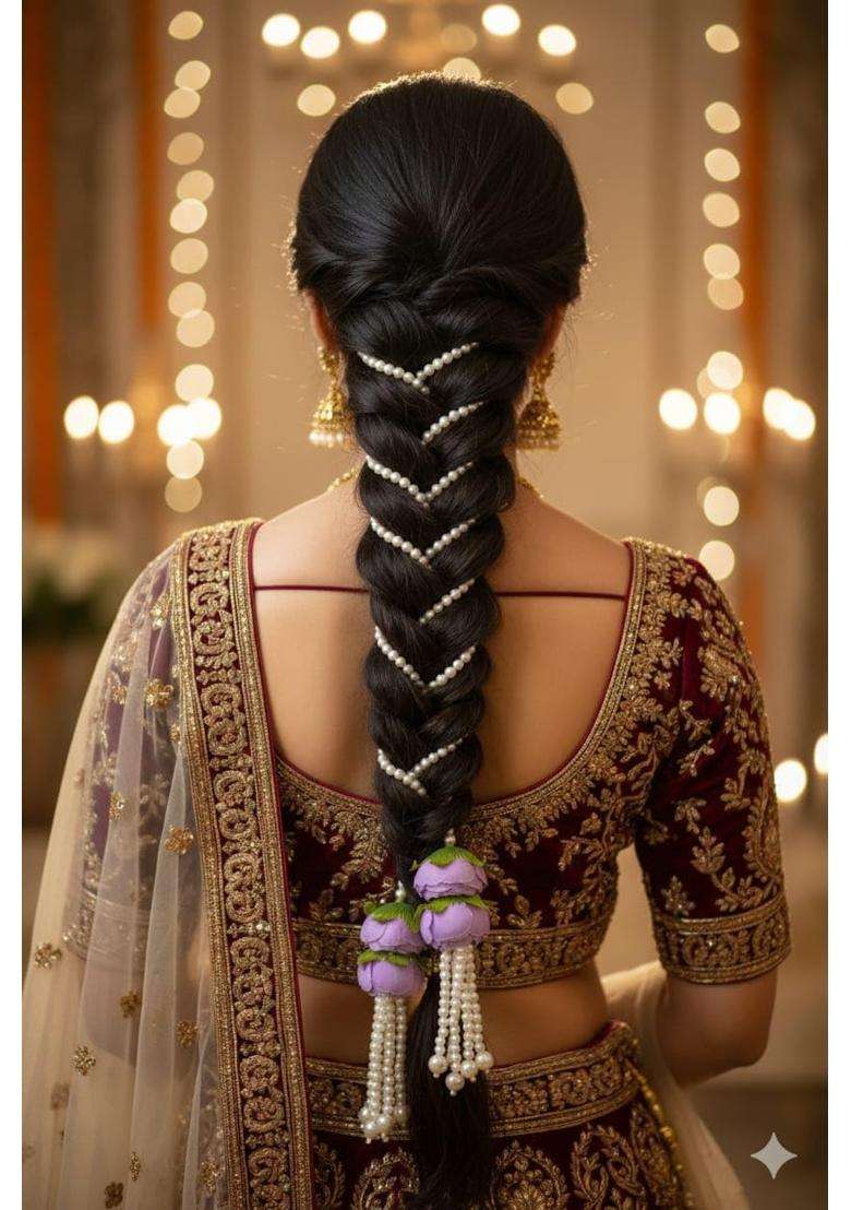 Rimr Purple Flower Pearl Paranda Handmade Traditional Punjabi Hair Accessory with Floral Tassels and Pearl - Indya