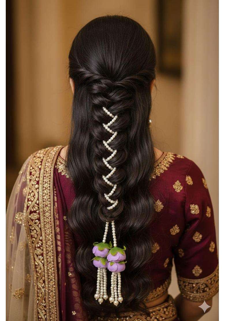 Rimr Purple Flower Pearl Paranda Handmade Traditional Punjabi Hair Accessory with Floral Tassels and Pearl - Indya