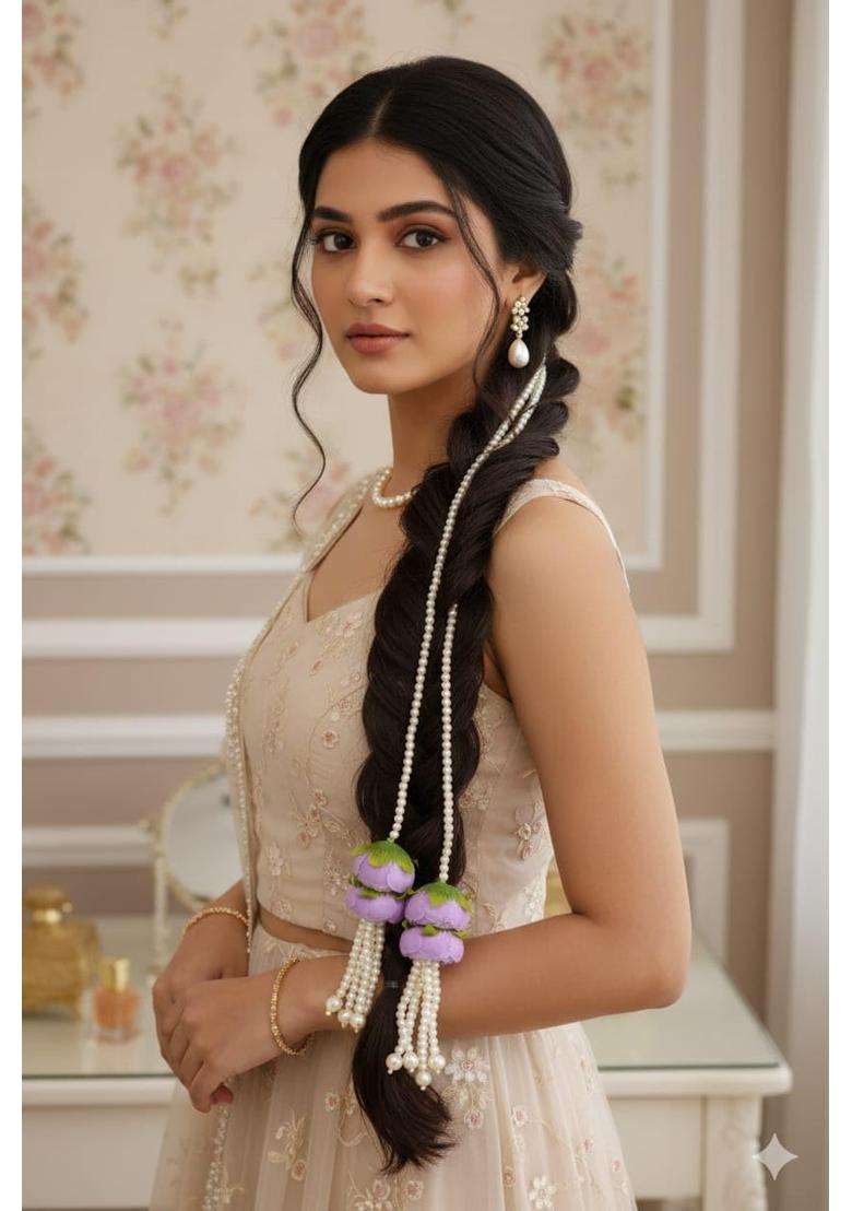 Rimr Purple Flower Pearl Paranda Handmade Traditional Punjabi Hair Accessory with Floral Tassels and Pearl - Indya
