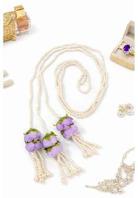 Rimr Purple Flower Pearl Paranda Handmade Traditional Punjabi Hair Accessory with Floral Tassels and Pearl