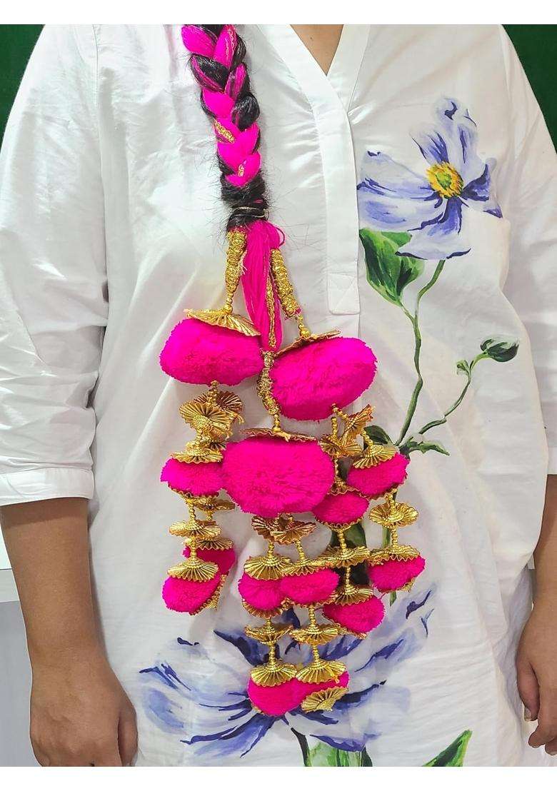 Peppy Paranda Traditional Punjabi Hair Accessory Hot Pink Pom with Golden Gota Work - Indya