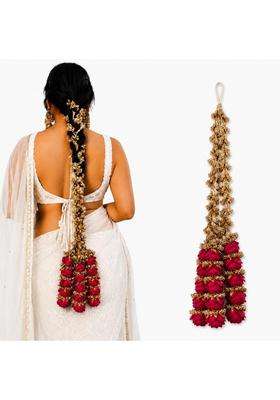 Scrunchify Royal Rose Paranda for Women Heavy Punjabi Braid Hair Accessory with Golden Tassels Floral Bridal
