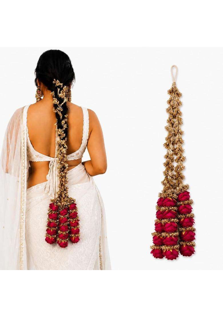 Scrunchify Royal Rose Paranda for Women Heavy Punjabi Braid Hair Accessory with Golden Tassels Floral Bridal - Indya