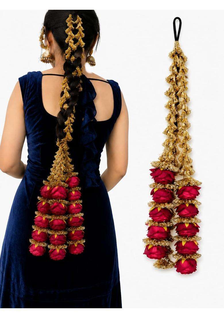 Scrunchify Royal Rose Paranda for Women Heavy Punjabi Braid Hair Accessory with Golden Tassels Floral Bridal - Indya