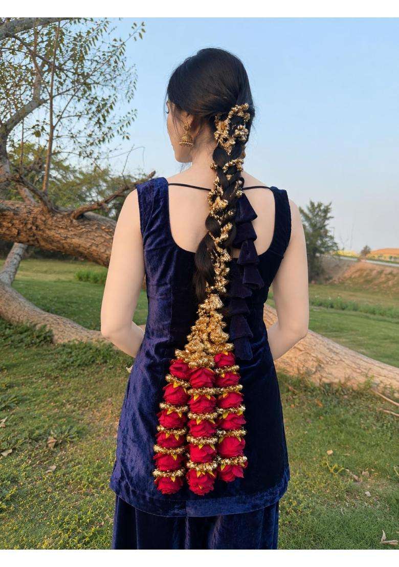 Scrunchify Royal Rose Paranda for Women Heavy Punjabi Braid Hair Accessory with Golden Tassels Floral Bridal - Indya