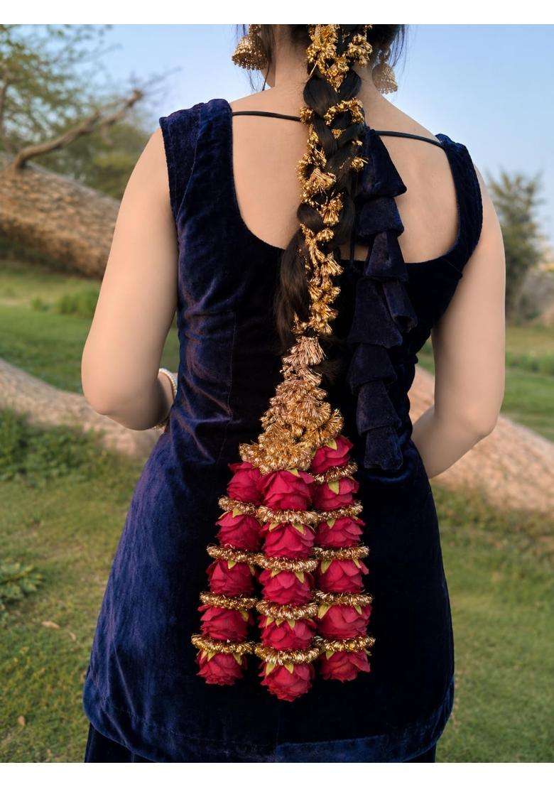 Scrunchify Royal Rose Paranda for Women Heavy Punjabi Braid Hair Accessory with Golden Tassels Floral Bridal - Indya