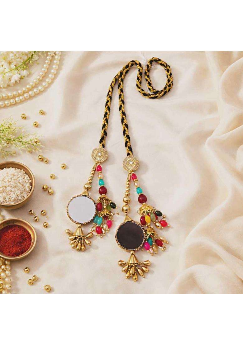 Suwasna Beaded Tassel Mirror Paranda with Pearl and Kundan Accents Traditional Hair Accessory - Indya