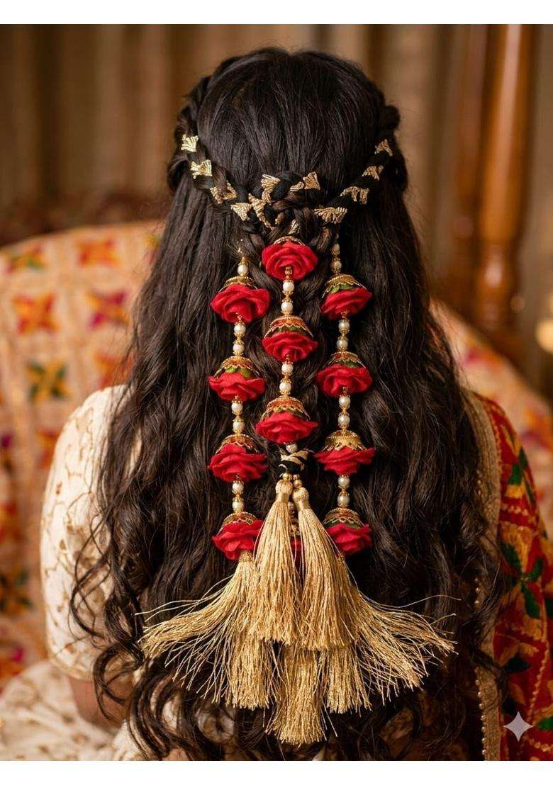 Red Rose Paranda with Tassel Hair Extension - Indya