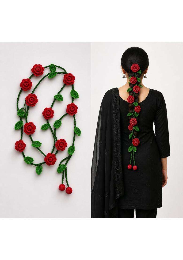 Crochet Hair Parandi Rose Flower Design Traditional Braid Accessory Handmade Paranda for Women - Indya
