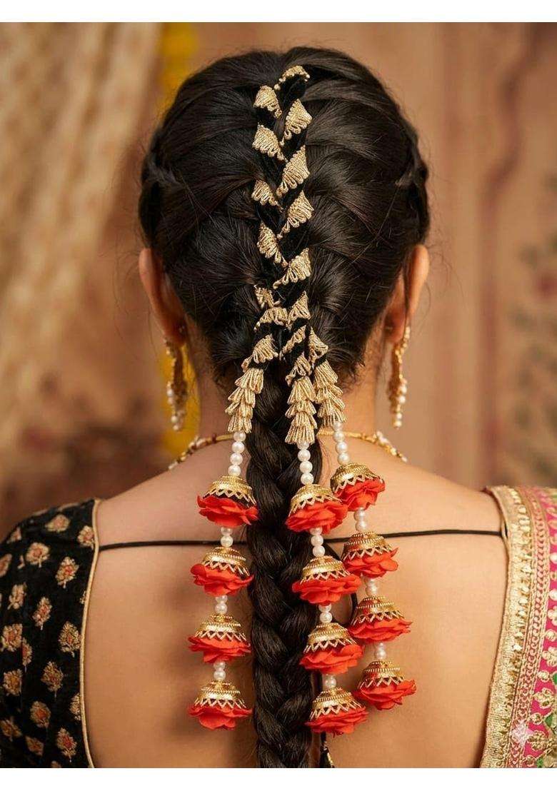 Red Rose Hair Paranda with Kalire and Pearl Hair Extension - Indya