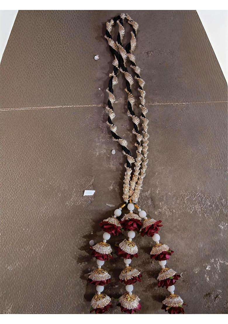 Ariana Flower Paranda with White Beads Golden Lace Coffee Colour Traditional Hair Accessory - Indya