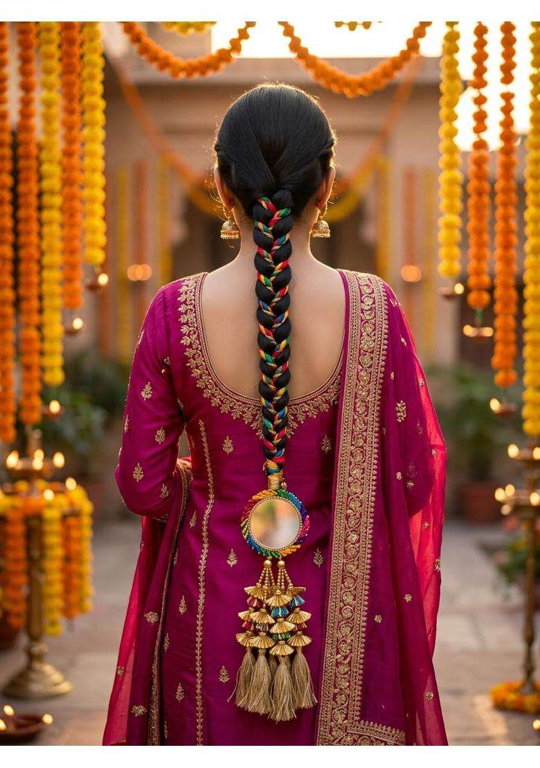 Quirky Trending Punjabi Paranda with Big Mirror Work Multicolour Braided Tassel Hair Accessory - Indya
