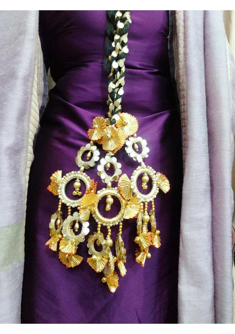 Shining Lace Golden Phul Kangan Paranda Hair Extension for Women Premium Bridal Tassel Braid Accessory - Indya