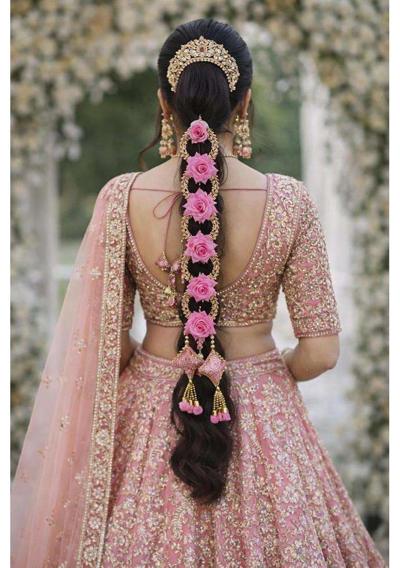 Traditional Handmade Punjabi Paranda for Women Patiala Shahi Hair Braid Extension with Pink Rose Floral Design - Indya