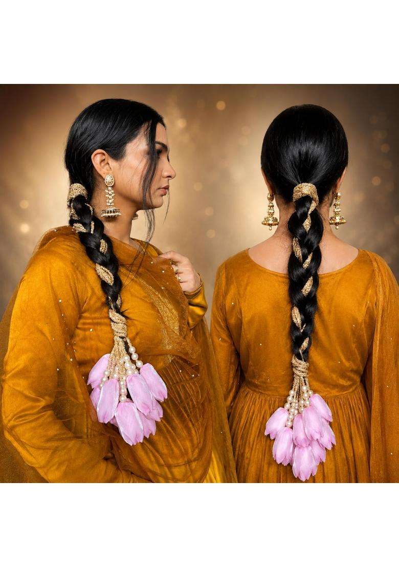 Scrunchify Pink Punjabi Paranda Parandi for Women and Girls Handmade Tulip Flower Hair Parandi with Pearls - Indya
