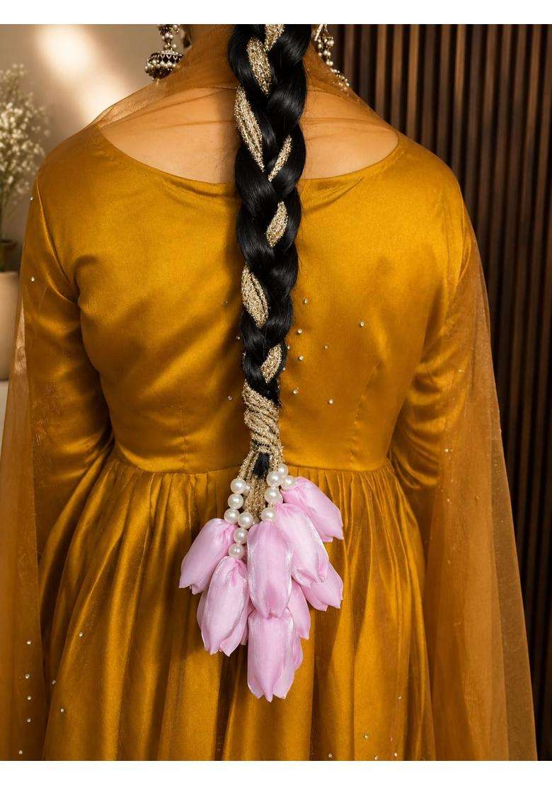 Scrunchify Pink Punjabi Paranda Parandi for Women and Girls Handmade Tulip Flower Hair Parandi with Pearls - Indya