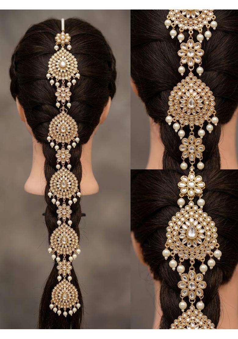 Kundan Pearl Bridal Hair Choti Paranda Traditional Indian Jadai Long Jada Billai Hair Accessory for Wedding - Indya
