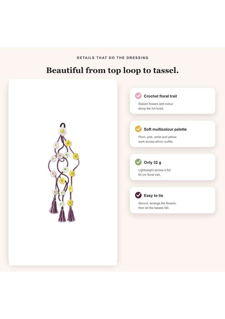 Bunaav Handmade Crochet Floral Paranda Multicolour Braid Hair Accessory with Flower Trail and Plum Tassels - Indya