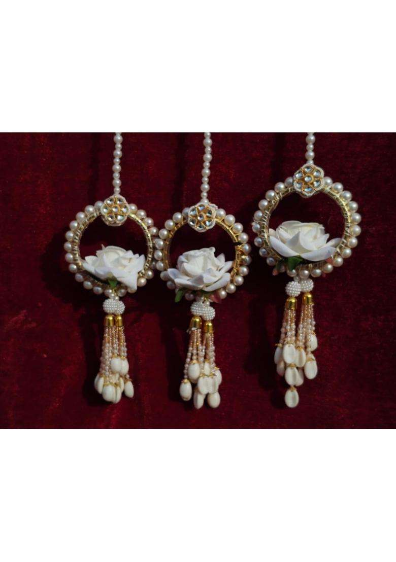 Ceramic Rose Pearl Kundan Beads Parandi for Women Shell Tassel Bangle Latkan Parandi for Punjabi Bride Hair - Indya