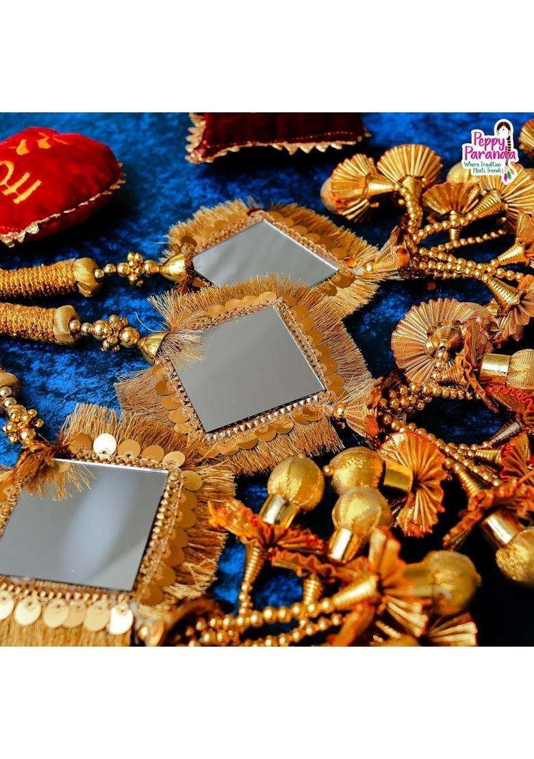 Peppy Paranda Heavy Princess Gold Square Mirror Paranda Traditional Punjabi Hair Accessory with Gota Tassels - Indya
