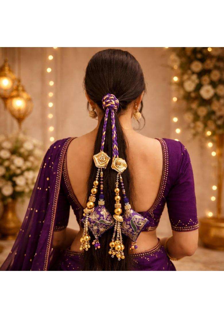 Suwasna Purple Royal Gota Patti and Jarkan Tassel Parandi Bridal and Festive Hair Accessory Paranda - Indya