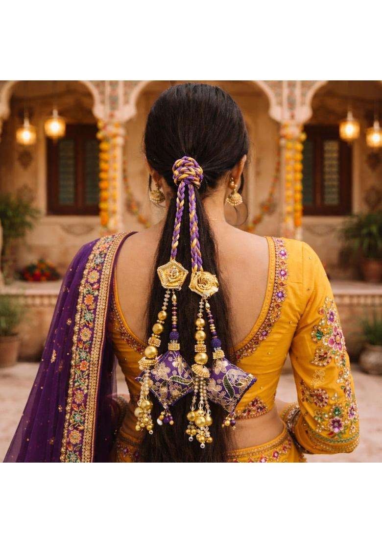 Suwasna Purple Royal Gota Patti and Jarkan Tassel Parandi Bridal and Festive Hair Accessory Paranda - Indya