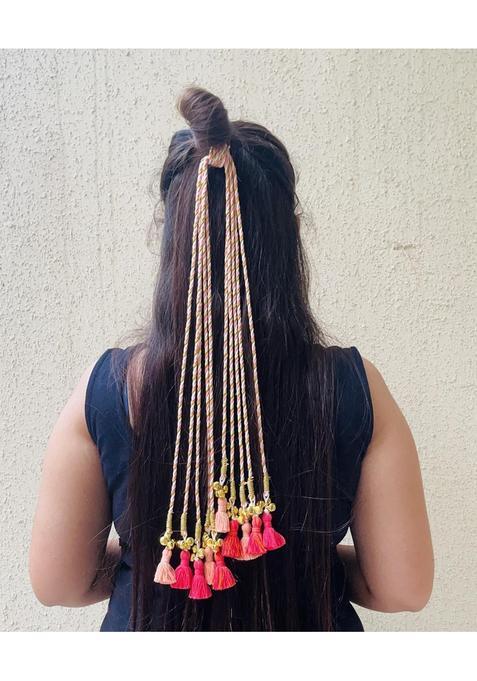 Zippy Flora Handmade Boho Kaner Parandi Peach Traditional Paranda Hair Accessory with Decorative Braid Tassels