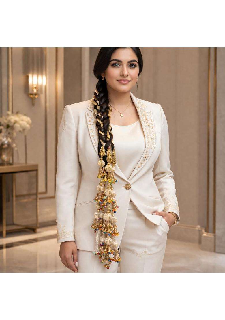 Beyond Products Punjabi Paranda for Women Heavy Stylish Hair Accessory for Hair White Ball Multi - Indya