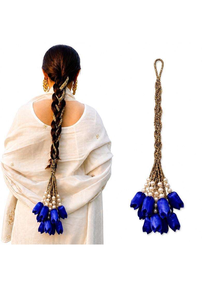 Scrunchify Blue Tulip Paranda with 12 Flowers Organza Braid Tassel with Pearl Detailing - Indya