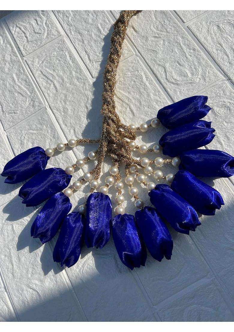 Scrunchify Blue Tulip Paranda with 12 Flowers Organza Braid Tassel with Pearl Detailing - Indya