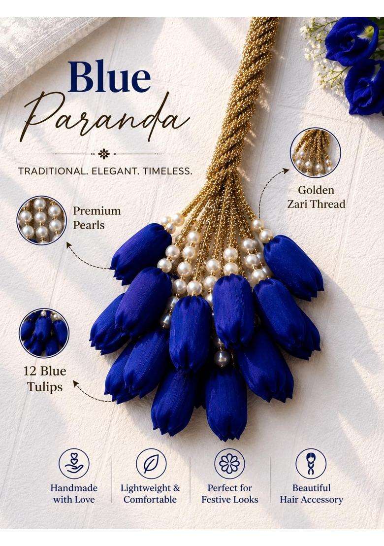 Scrunchify Blue Tulip Paranda with 12 Flowers Organza Braid Tassel with Pearl Detailing - Indya
