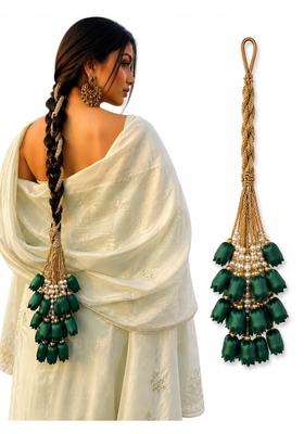 Scrunchify Green Tulip Paranda with 12 Flowers Organza Braid Tassel with Pearl Detailing