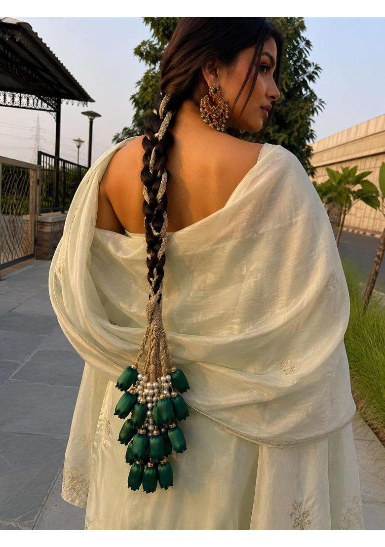 Scrunchify Green Tulip Paranda with 12 Flowers Organza Braid Tassel with Pearl Detailing - Indya