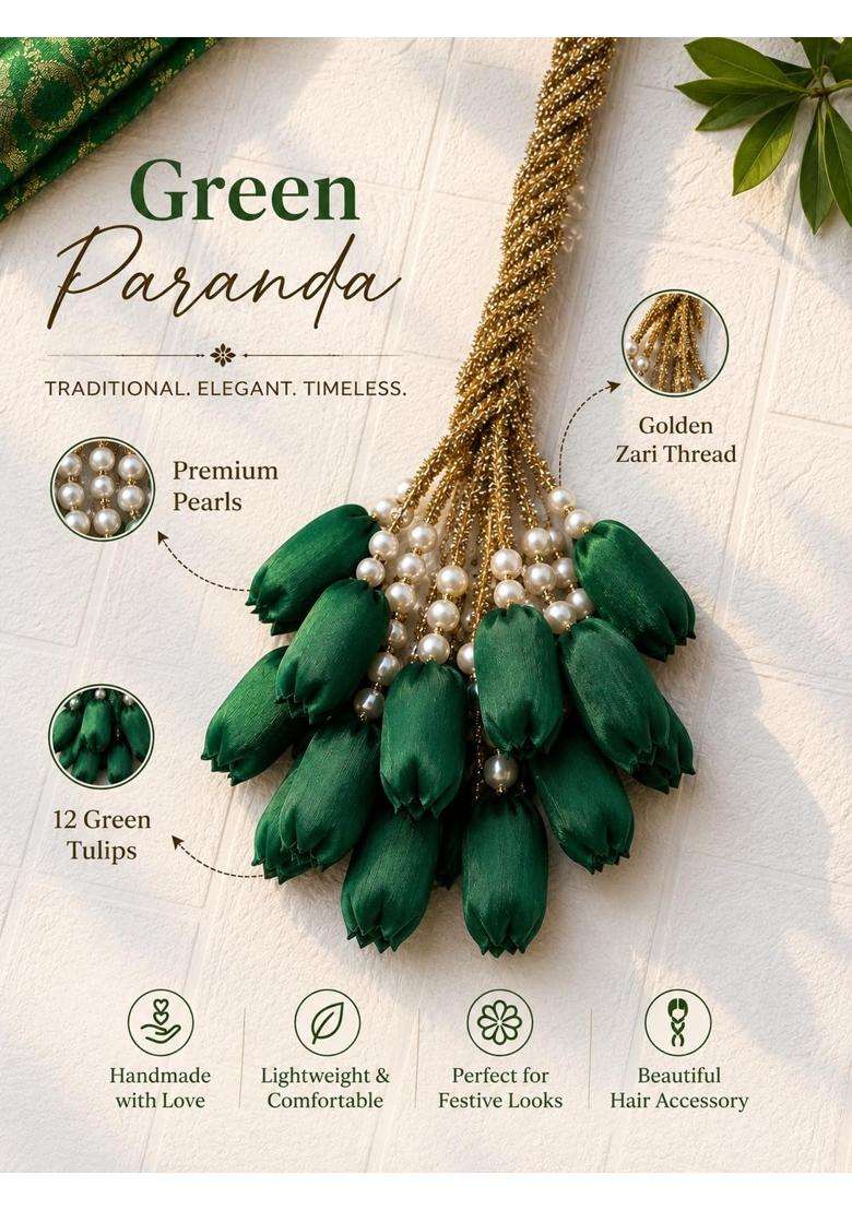 Scrunchify Green Tulip Paranda with 12 Flowers Organza Braid Tassel with Pearl Detailing - Indya
