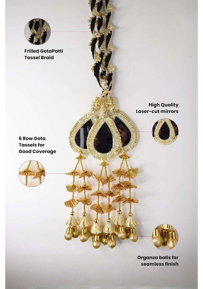 Ethnic at Ease Womens Heavy Gota Patti Punjabi Patiala Paranda Choti with Mirror Work Hair Extension Gold - Indya