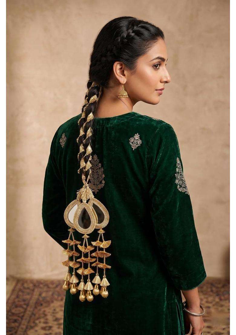 Ethnic at Ease Womens Heavy Gota Patti Punjabi Patiala Paranda Choti with Mirror Work Hair Extension Gold - Indya