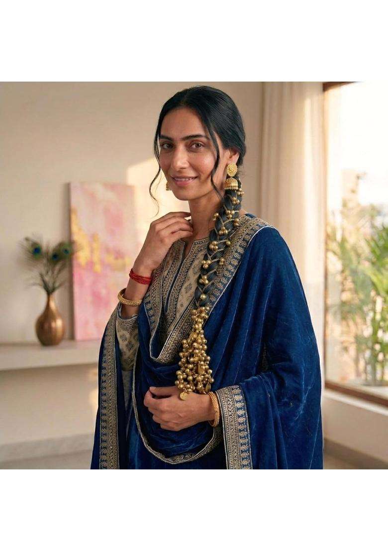 Zewla Craft Golden Kashmiri Traditional Ghungroo Parandi Chain Hair Extension Tassel with Tinkling Bell - Indya