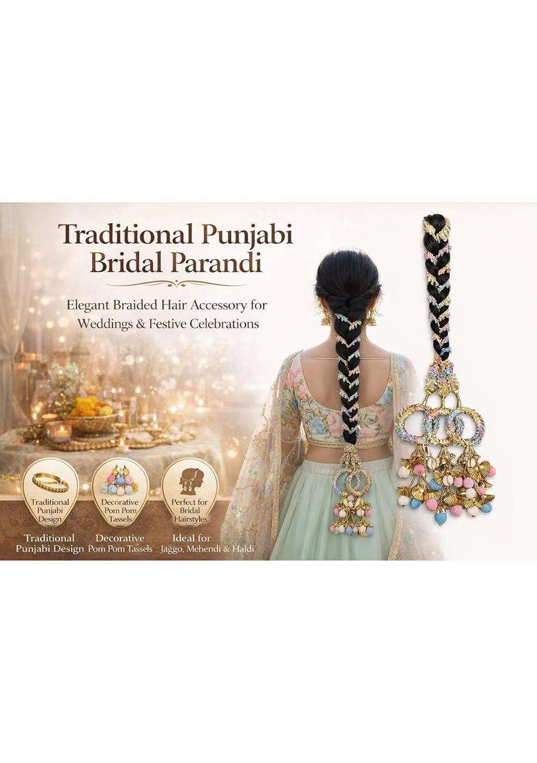 Fashion Fitoor Punjabi Bridal Parandi Paranda Black and Gold Braided Hair Paranda with Pom Tassels - Indya