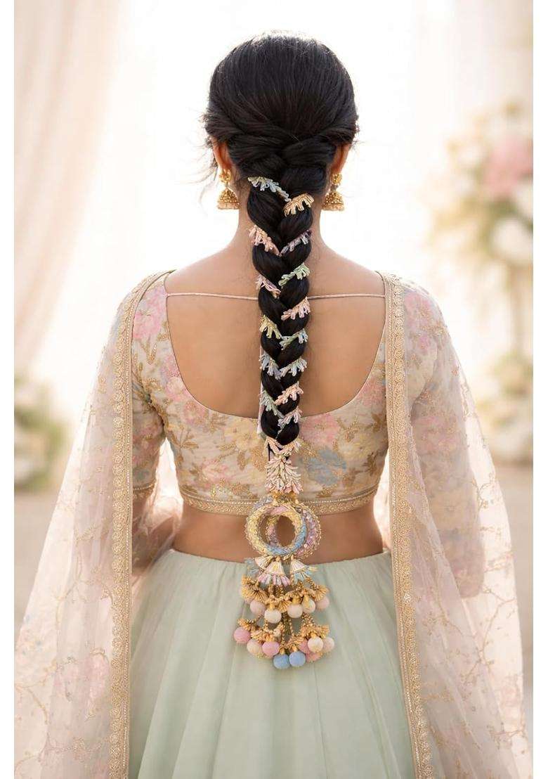 Fashion Fitoor Punjabi Bridal Parandi Paranda Black and Gold Braided Hair Paranda with Pom Tassels - Indya