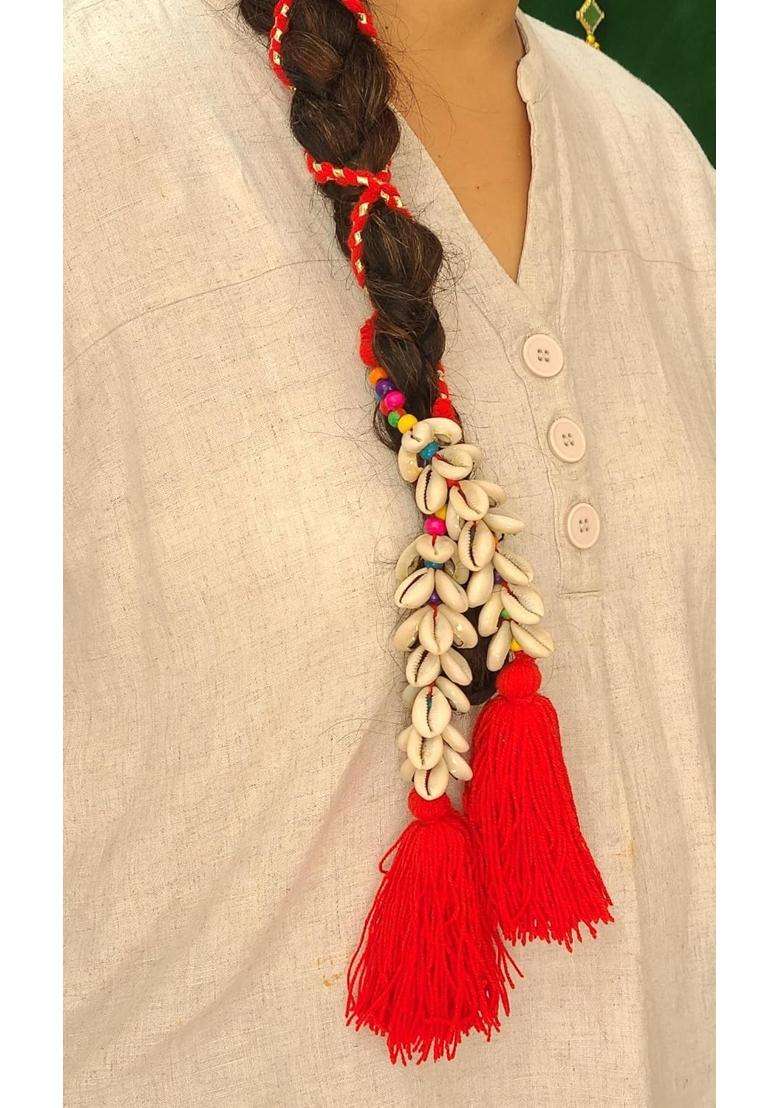 Peppy Paranda Traditional Punjabi Hair Accessory Woolen with Shells and Beads Handcrafted Red - Indya