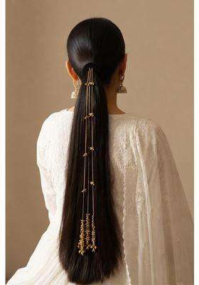 Pearls N Twirls Gold Kashmiri Traditional Ghungroo Parandi Chain Hair Extension Tassel with Tinkling Bell
