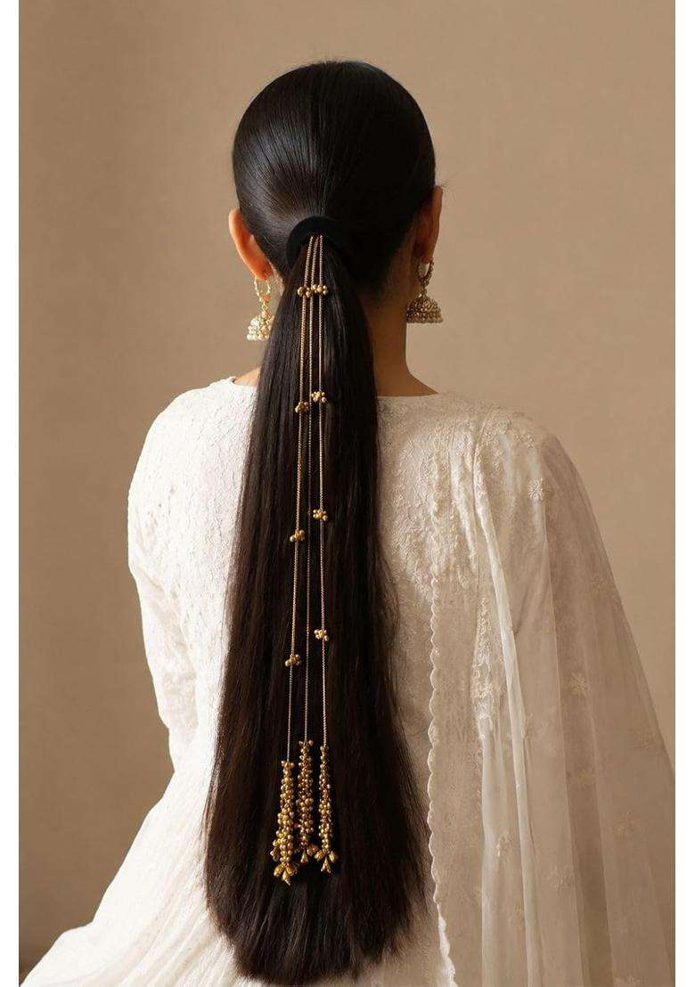 Pearls N Twirls Gold Kashmiri Traditional Ghungroo Parandi Chain Hair Extension Tassel with Tinkling Bell - Indya